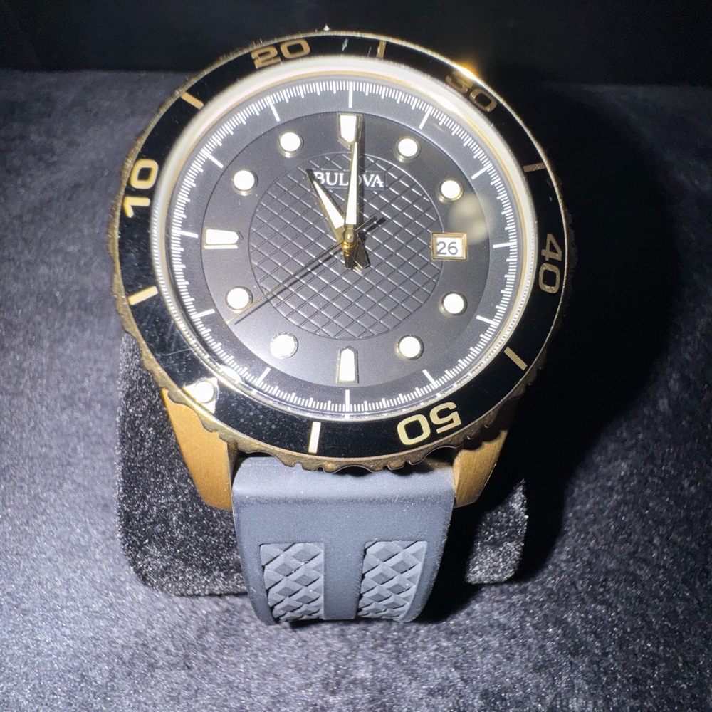 Bulova Black and Gold Men's Watch with Silicone Strap